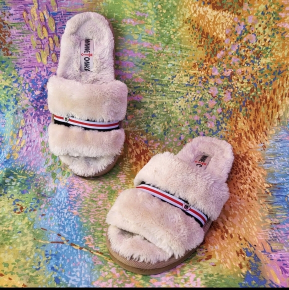 Minnetonka Women's 6 Plush Faux Fur Varsity Striped Comfort Slipper Slides - Picture 4 of 11